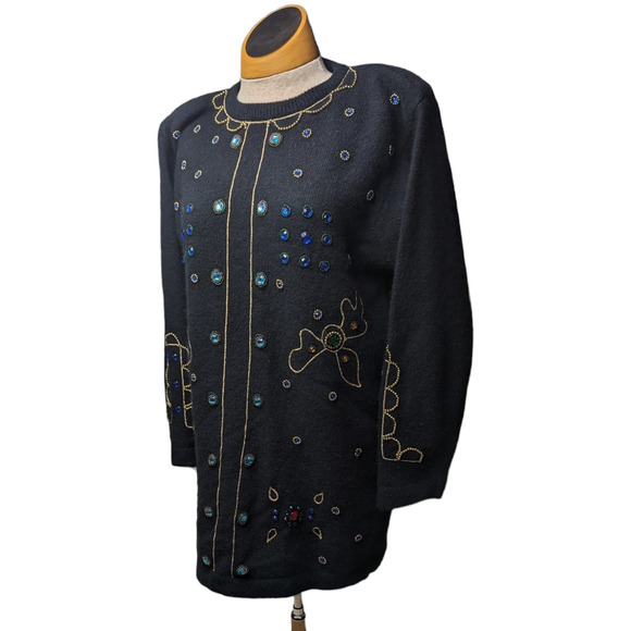 Vtg 1980s Carducci Black Angora Wool Blend Embellished Mini Sweater Dress M - Picture 1 of 5